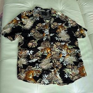 Denim & Flower Black Shirt with Cream and Green Print